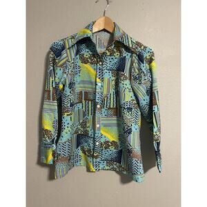 Vintage Womens Top Large Blue Geometric Long Sleeve Button Up Artsy Disco 80s